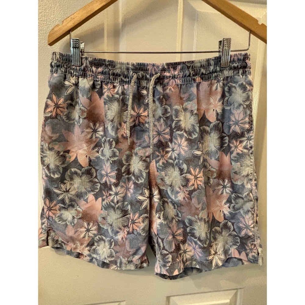 Michaels Mens Floral Swim Trunks Blue Pink Tropical Hibiscus Board Shorts Large
